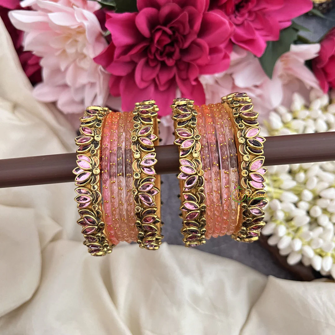 Orange Color Glass Bangle & Light Pink Lotus Style Silk Thread Bangle set
